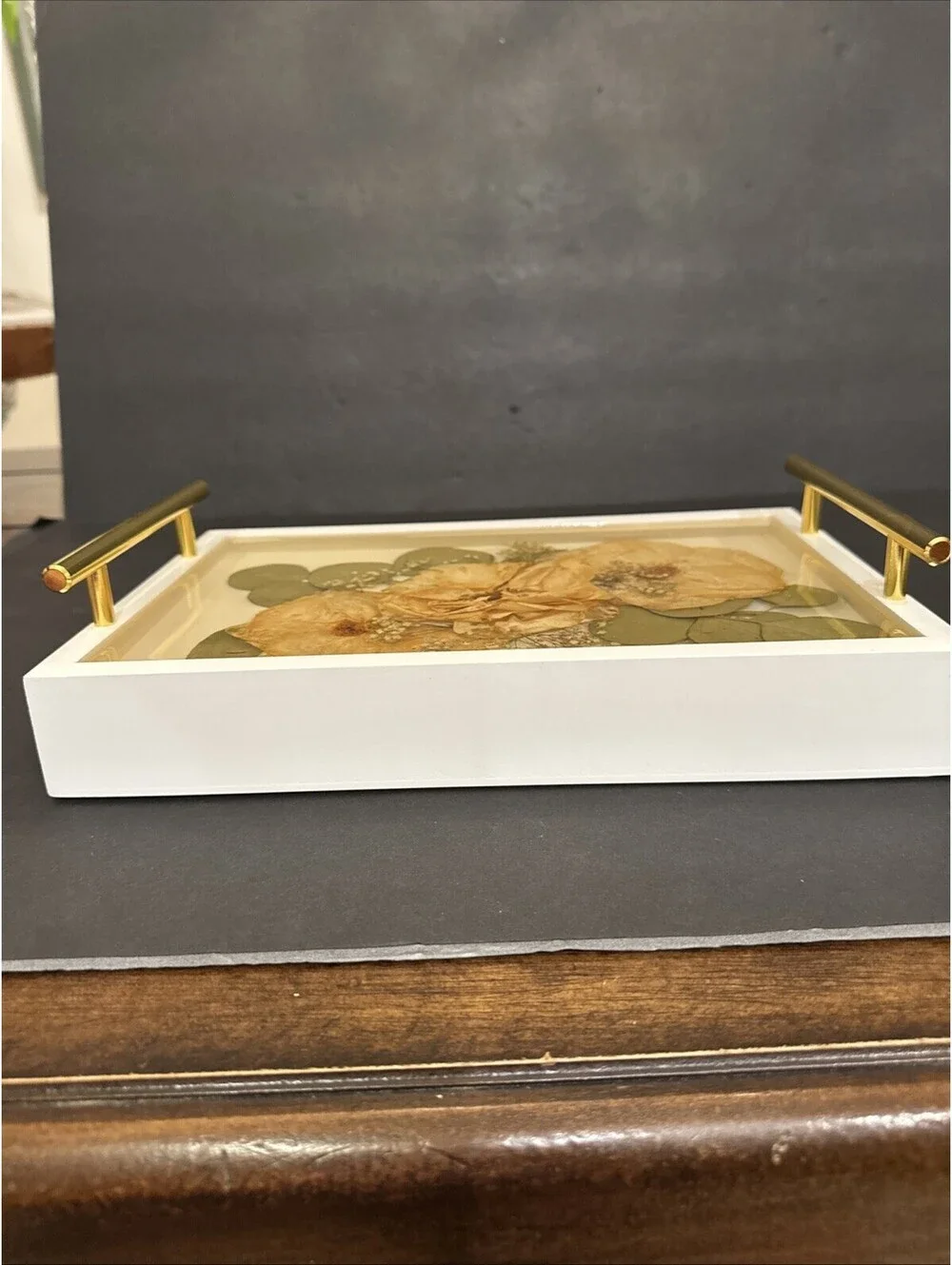 Vtg Wooden Serving Tray W Gold Metal Handles Dried Flowers In Lucite 11.75” L